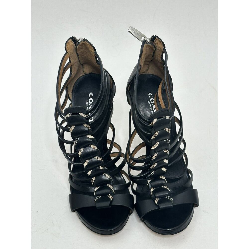 Coach Josey Sandals Heels Size 5 B Black Leather Snake Reptile Print Animal - Picture 3 of 6